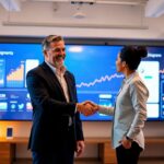 A confident business professional shaking hands with a colleague in front of a large digital display, likely discussing Outsource App Development. The display shows various business graphs and data visualizations.