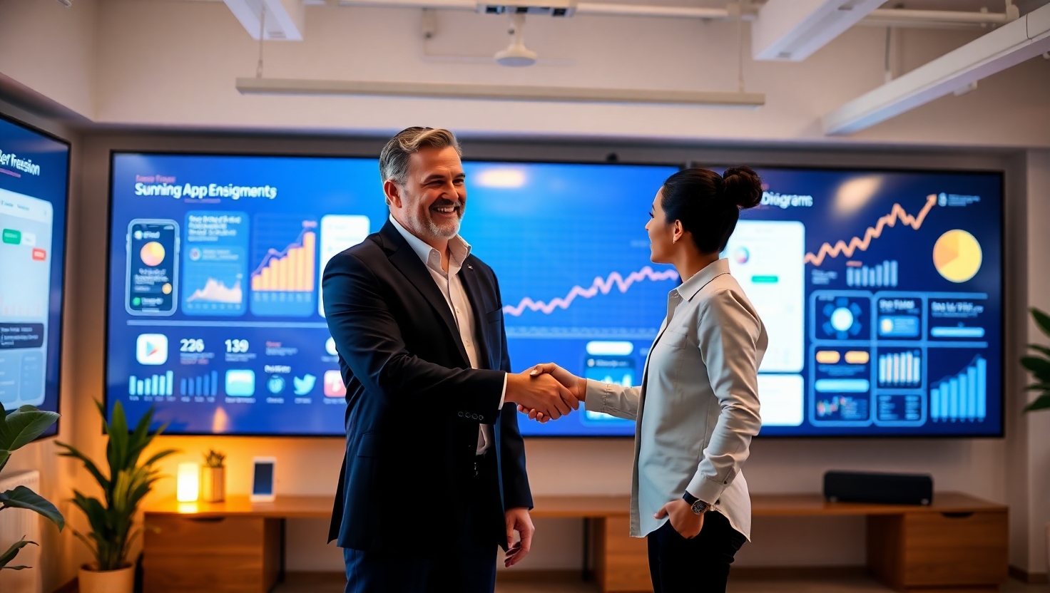 A confident business professional shaking hands with a colleague in front of a large digital display, likely discussing Outsource App Development. The display shows various business graphs and data visualizations.