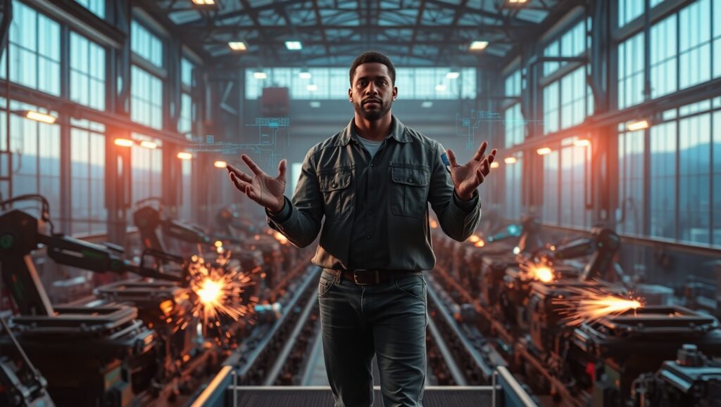 Black male supervisor controls robotic assembly lines with holographic tools in a neon-lit Virginia factory overlooking Blue Ridge Mountains.